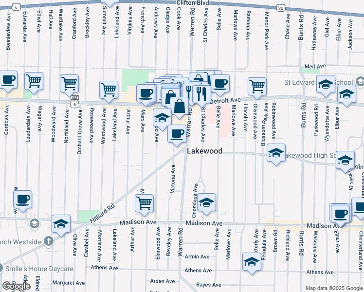 map of restaurants, bars, coffee shops, grocery stores, and more near 1495 Warren Road in Lakewood