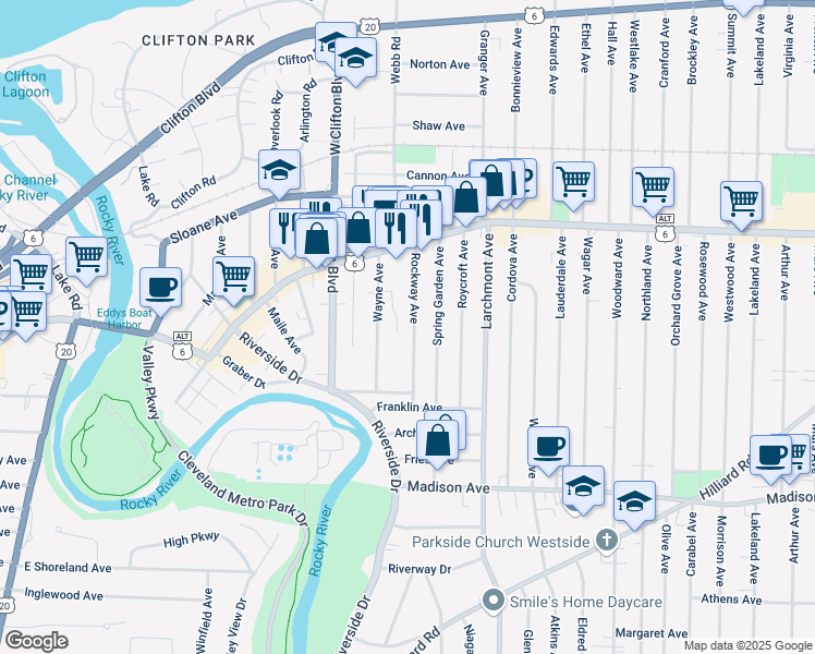 map of restaurants, bars, coffee shops, grocery stores, and more near 1475 Wayne Avenue in Lakewood