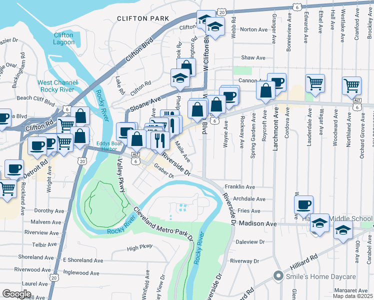 map of restaurants, bars, coffee shops, grocery stores, and more near in Lakewood
