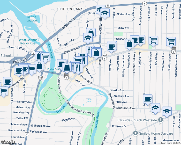 map of restaurants, bars, coffee shops, grocery stores, and more near in Lakewood
