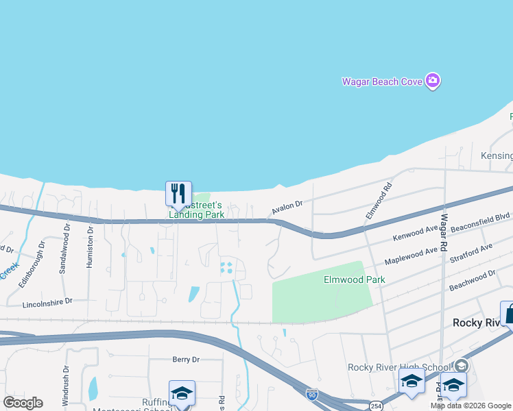 map of restaurants, bars, coffee shops, grocery stores, and more near 22126 Lake Road in Rocky River