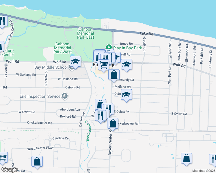 map of restaurants, bars, coffee shops, grocery stores, and more near 437 Dover Center Road in Bay Village