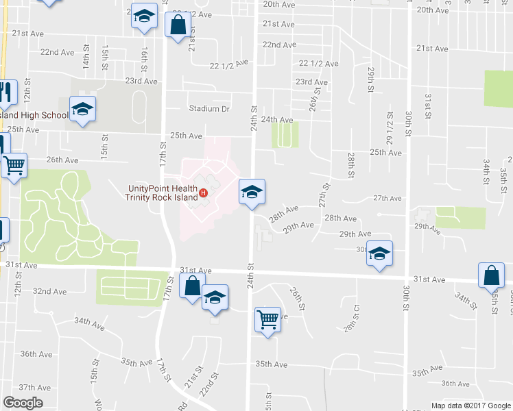 map of restaurants, bars, coffee shops, grocery stores, and more near 2735 24th Street in Rock Island