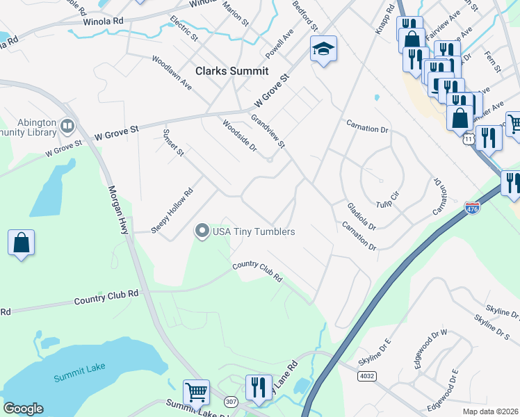 map of restaurants, bars, coffee shops, grocery stores, and more near 1107 Oakmont Road in Clarks Summit