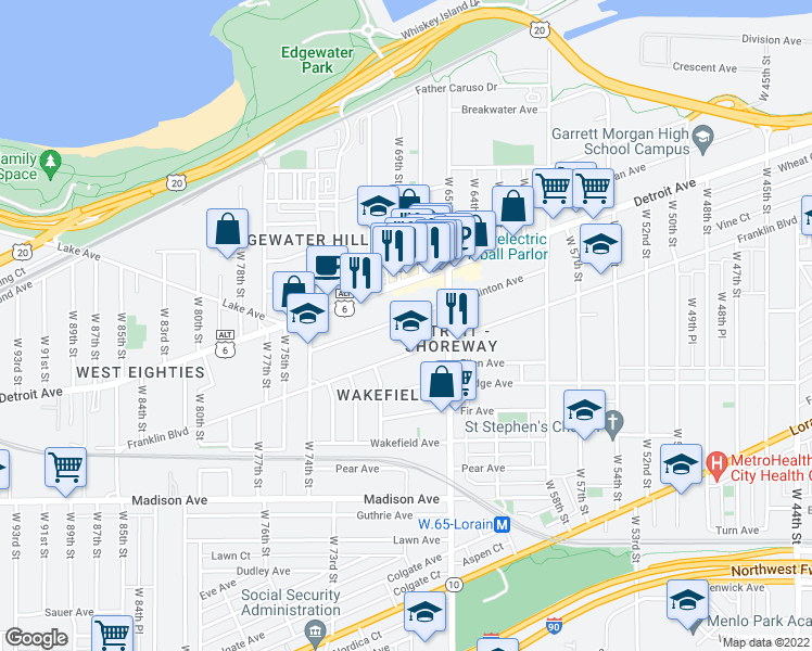map of restaurants, bars, coffee shops, grocery stores, and more near 6715 West Clinton Avenue in Cleveland