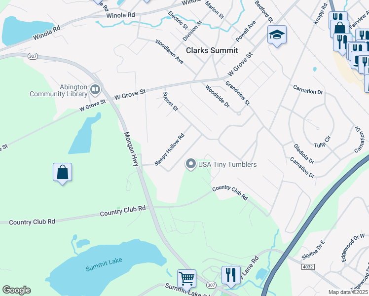 map of restaurants, bars, coffee shops, grocery stores, and more near 1010 Woodland Way in Clarks Summit