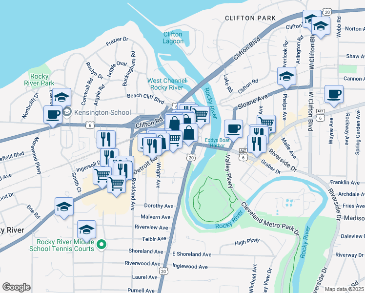 map of restaurants, bars, coffee shops, grocery stores, and more near 19113 Detroit Road in Rocky River
