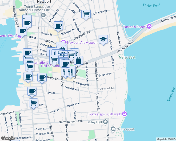 map of restaurants, bars, coffee shops, grocery stores, and more near 20 Middleton Avenue in Newport