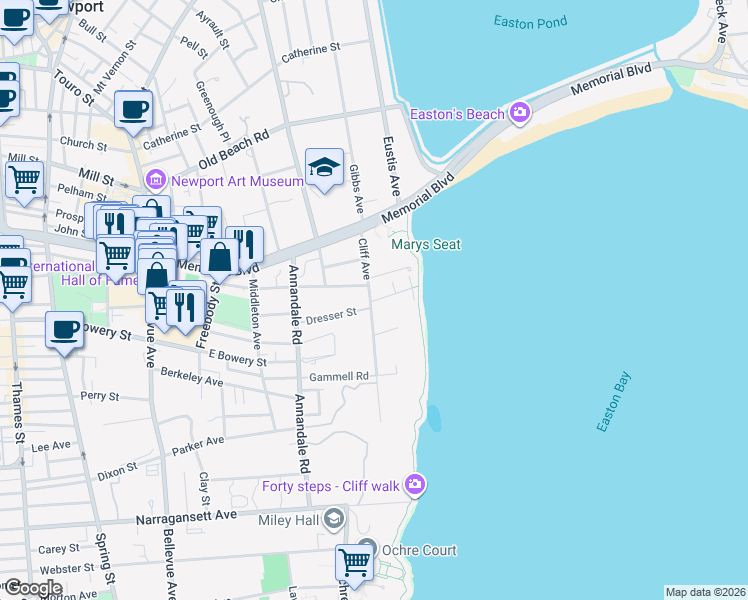 map of restaurants, bars, coffee shops, grocery stores, and more near 18 Cliff Avenue in Newport