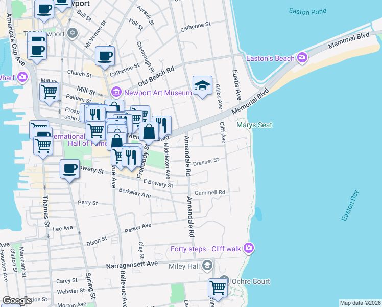 map of restaurants, bars, coffee shops, grocery stores, and more near 20 Annandale Road in Newport