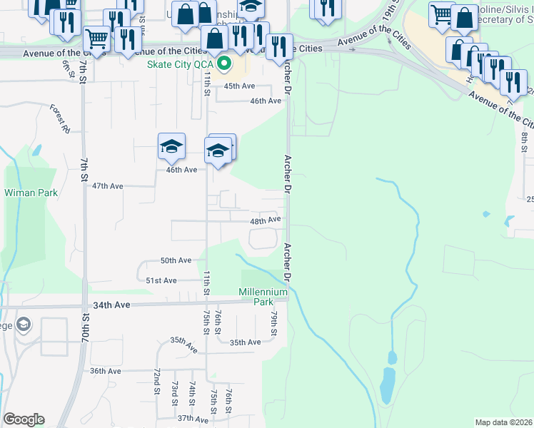 map of restaurants, bars, coffee shops, grocery stores, and more near 1214 47th Avenue Court in East Moline