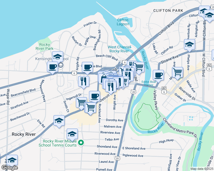 map of restaurants, bars, coffee shops, grocery stores, and more near 19290 Detroit Road in Rocky River