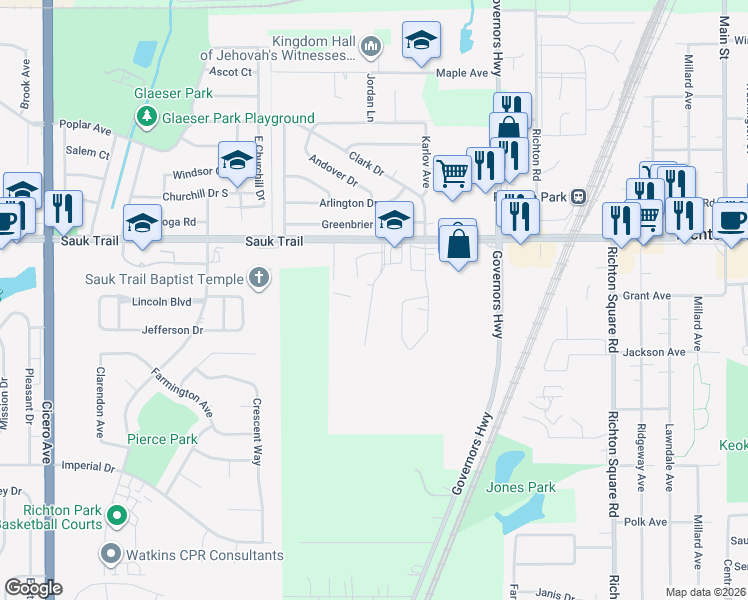 map of restaurants, bars, coffee shops, grocery stores, and more near 22411 Butterfield Road in Richton Park