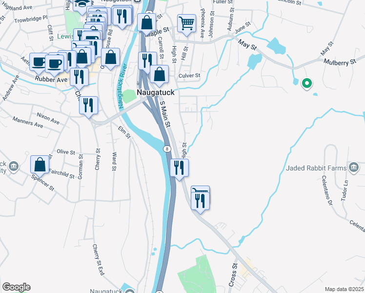 map of restaurants, bars, coffee shops, grocery stores, and more near 58 High Street in Naugatuck