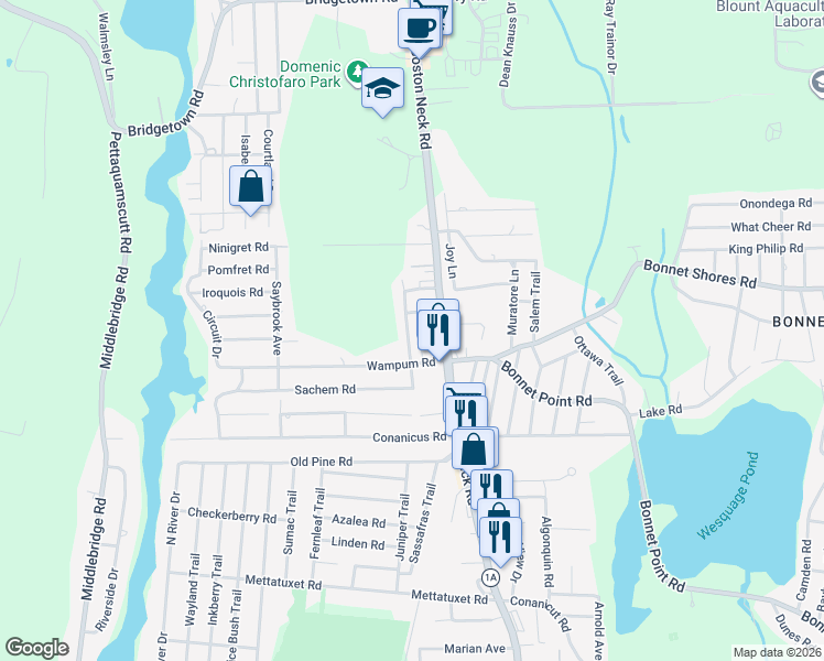 map of restaurants, bars, coffee shops, grocery stores, and more near 45 Osceola Avenue in Narragansett