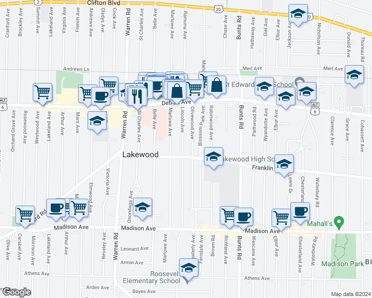 map of restaurants, bars, coffee shops, grocery stores, and more near 1507 Lincoln Avenue in Lakewood