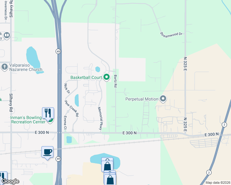 map of restaurants, bars, coffee shops, grocery stores, and more near 1266 Bartz Rd in Valparaiso