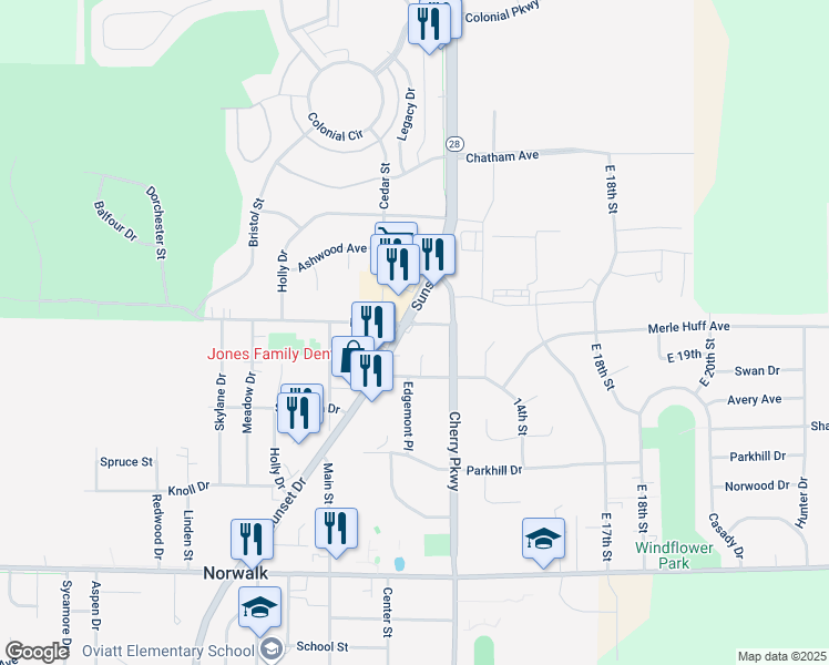 map of restaurants, bars, coffee shops, grocery stores, and more near 1110 West High Road in Norwalk