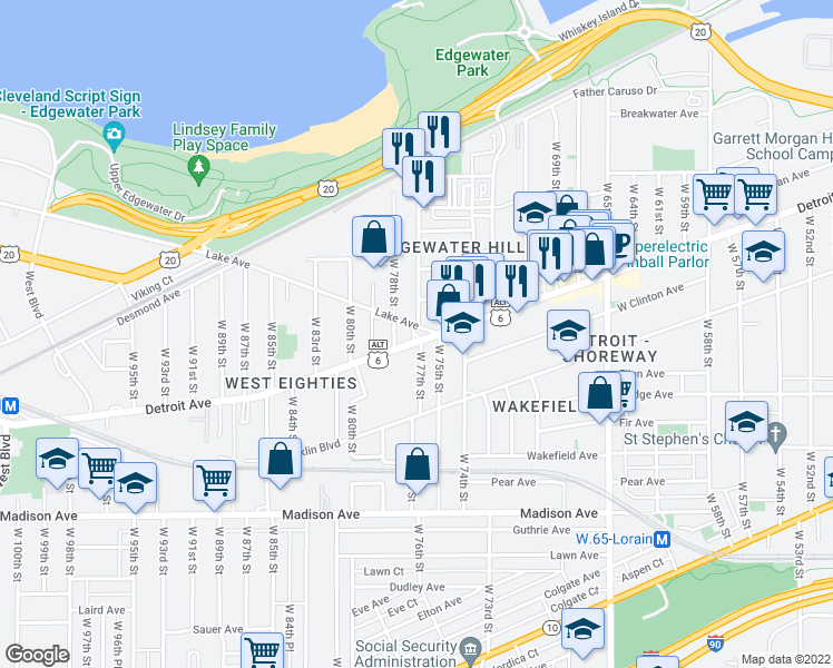 map of restaurants, bars, coffee shops, grocery stores, and more near 7704 Detroit Avenue in Cleveland