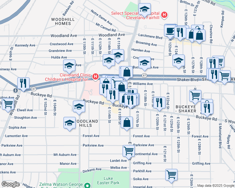 map of restaurants, bars, coffee shops, grocery stores, and more near 11501 Buckeye Road in Cleveland