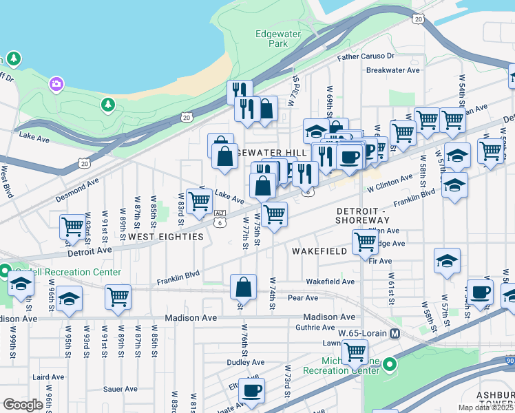map of restaurants, bars, coffee shops, grocery stores, and more near Detroit Avenue & West 75th Street in Cleveland