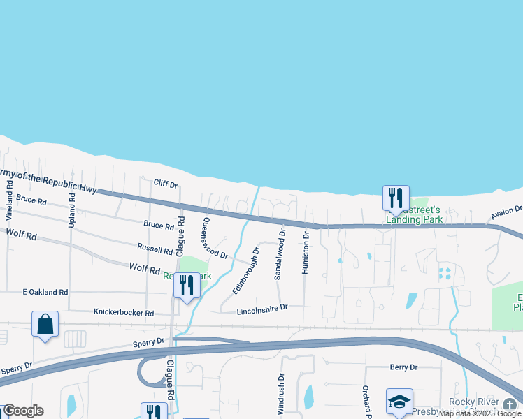 map of restaurants, bars, coffee shops, grocery stores, and more near 23200 Lake Road in Bay Village
