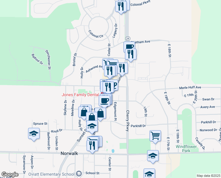 map of restaurants, bars, coffee shops, grocery stores, and more near 1421 Sunset Drive in Norwalk