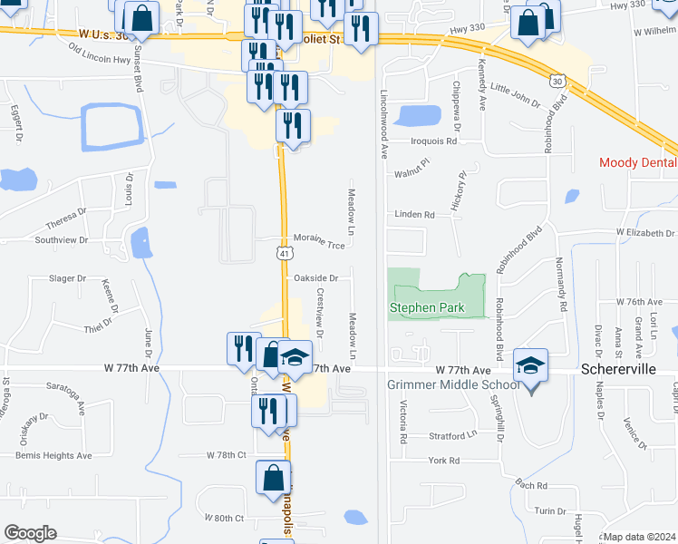 map of restaurants, bars, coffee shops, grocery stores, and more near 650 Oakside Drive in Schererville
