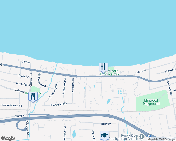 map of restaurants, bars, coffee shops, grocery stores, and more near 22732 Lake Road in Rocky River