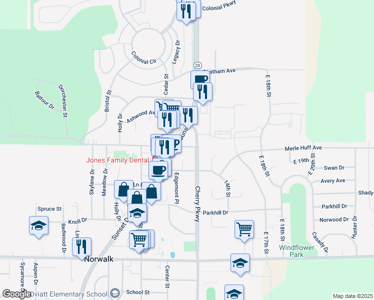 map of restaurants, bars, coffee shops, grocery stores, and more near 1110 High Road in Norwalk