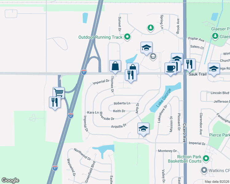 map of restaurants, bars, coffee shops, grocery stores, and more near 5225 Arquilla Drive in Richton Park