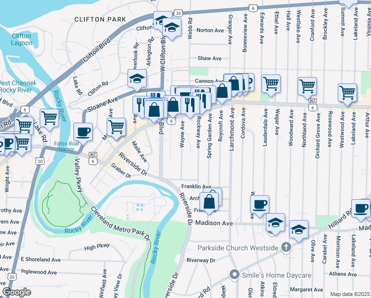 map of restaurants, bars, coffee shops, grocery stores, and more near 1475 Wayne Avenue in Lakewood