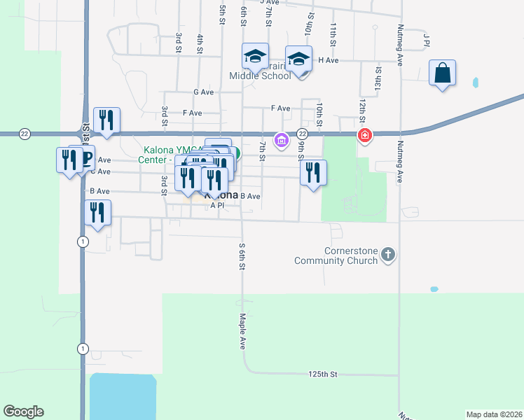 map of restaurants, bars, coffee shops, grocery stores, and more near 101 7th Street in Kalona