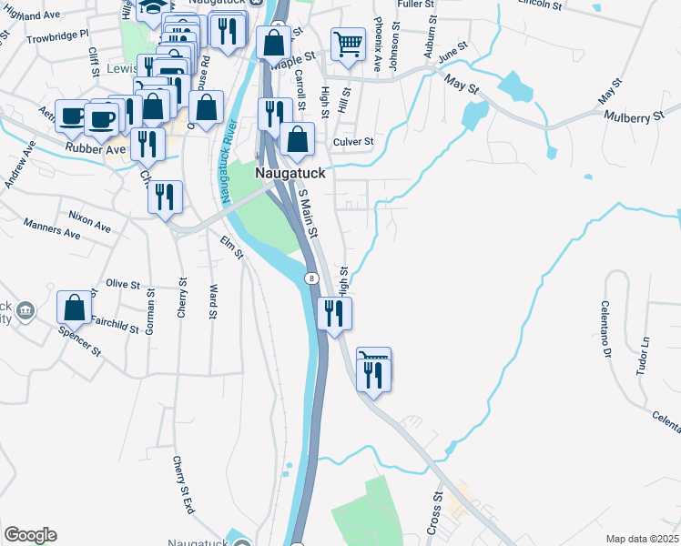 map of restaurants, bars, coffee shops, grocery stores, and more near 58 High Street in Naugatuck