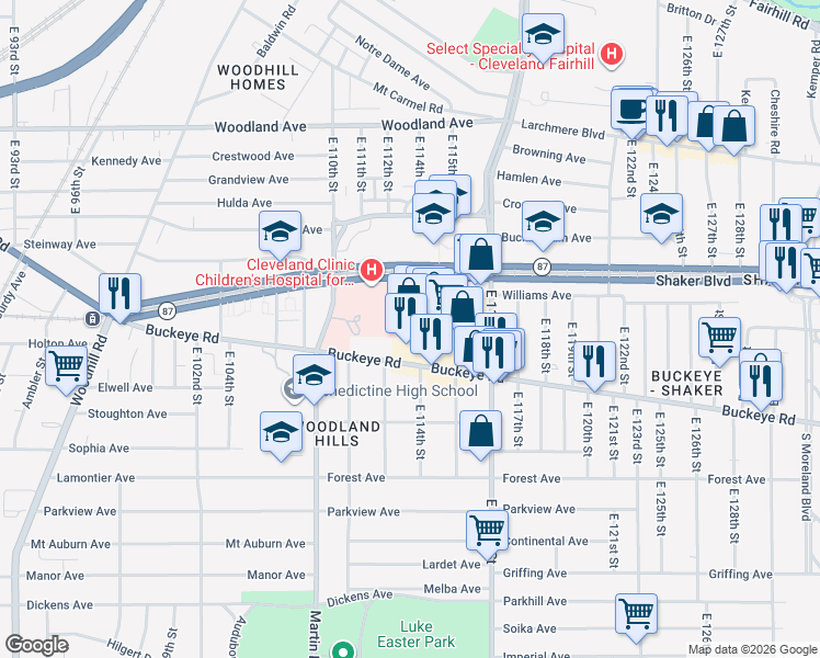 map of restaurants, bars, coffee shops, grocery stores, and more near 11381 Buckeye Road in Cleveland