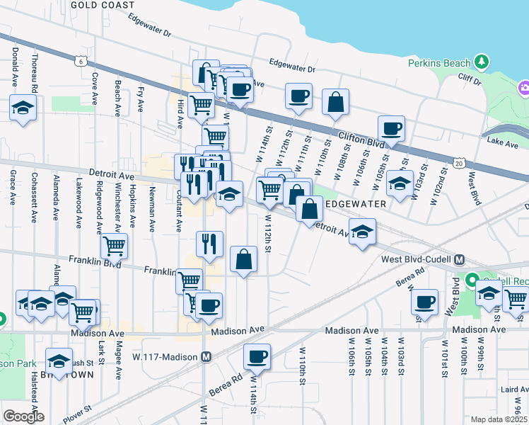 map of restaurants, bars, coffee shops, grocery stores, and more near 11201 Detroit Avenue in Cleveland