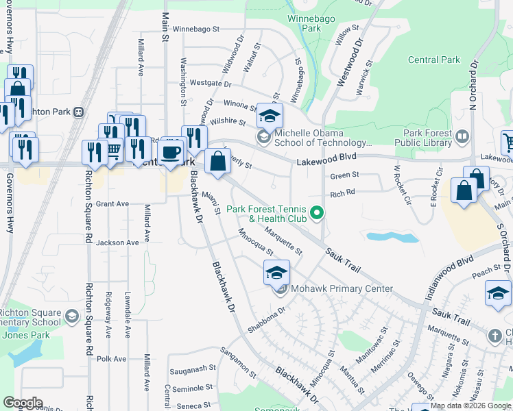 map of restaurants, bars, coffee shops, grocery stores, and more near 345 Sauk Trail in Park Forest