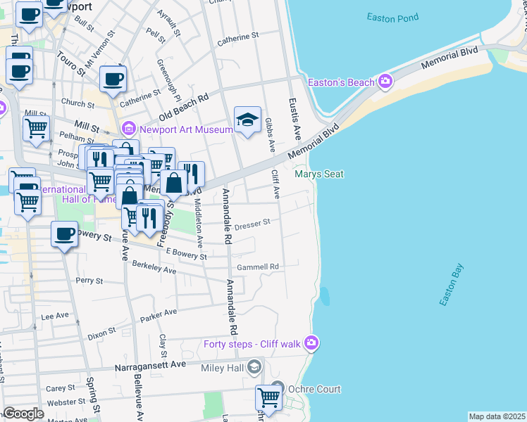 map of restaurants, bars, coffee shops, grocery stores, and more near 18 Cliff Avenue in Newport