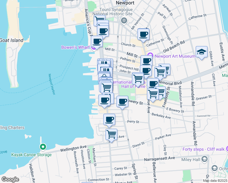 map of restaurants, bars, coffee shops, grocery stores, and more near 309 Spring Street in Newport