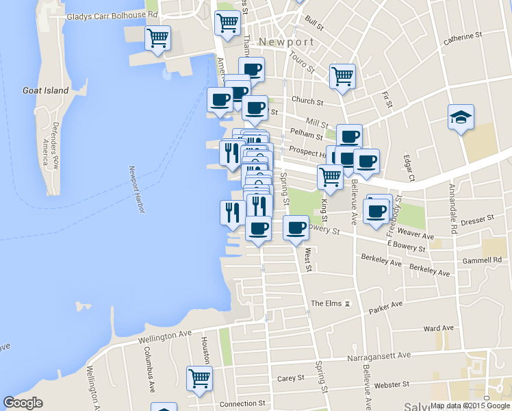 map of restaurants, bars, coffee shops, grocery stores, and more near 400 Thames Street in Newport
