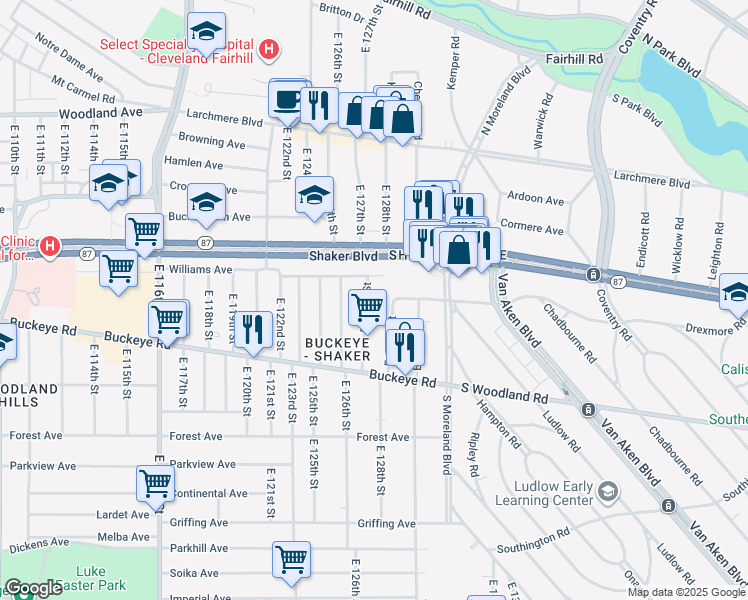 map of restaurants, bars, coffee shops, grocery stores, and more near 2782 East 127th Street in Cleveland