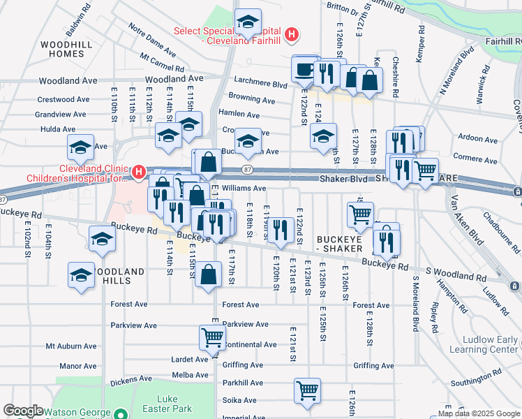 map of restaurants, bars, coffee shops, grocery stores, and more near 2798 East 119th Street in Cleveland