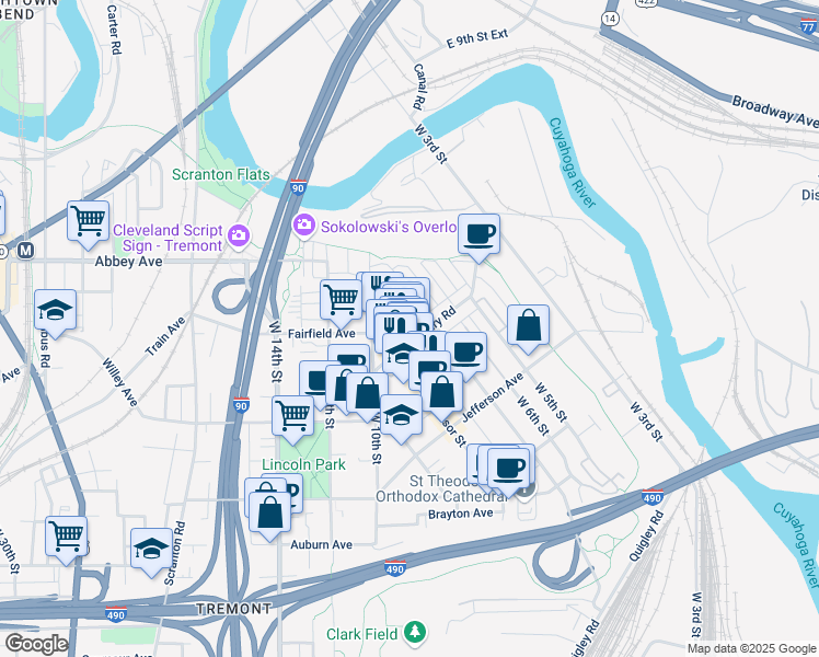 map of restaurants, bars, coffee shops, grocery stores, and more near 702 Literary Road in Cleveland