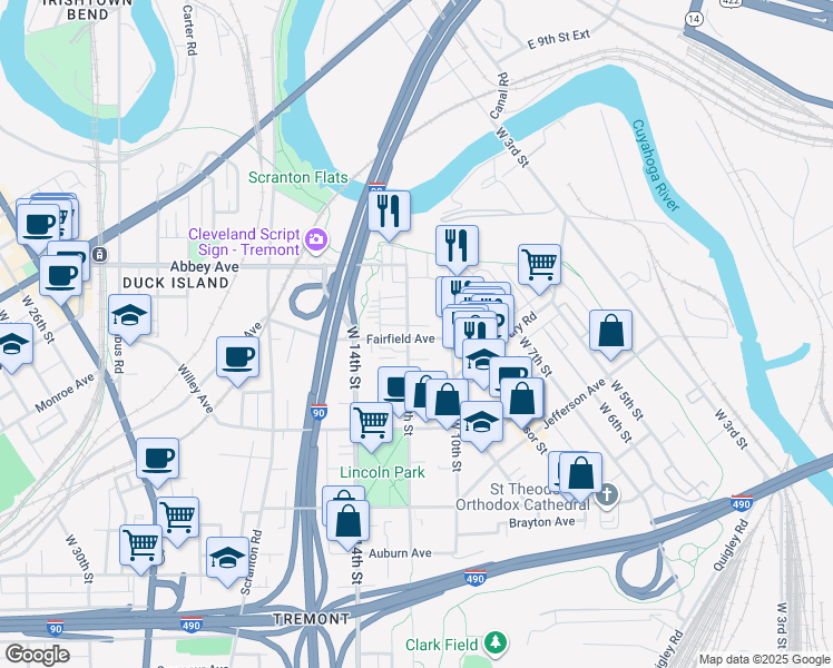 map of restaurants, bars, coffee shops, grocery stores, and more near 1018 Fairfield Avenue in Cleveland