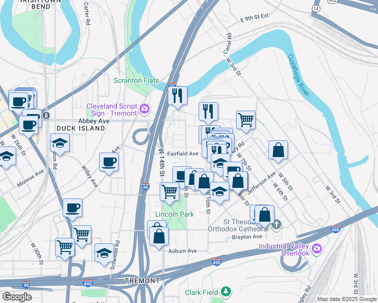 map of restaurants, bars, coffee shops, grocery stores, and more near 1018 Fairfield Avenue in Cleveland