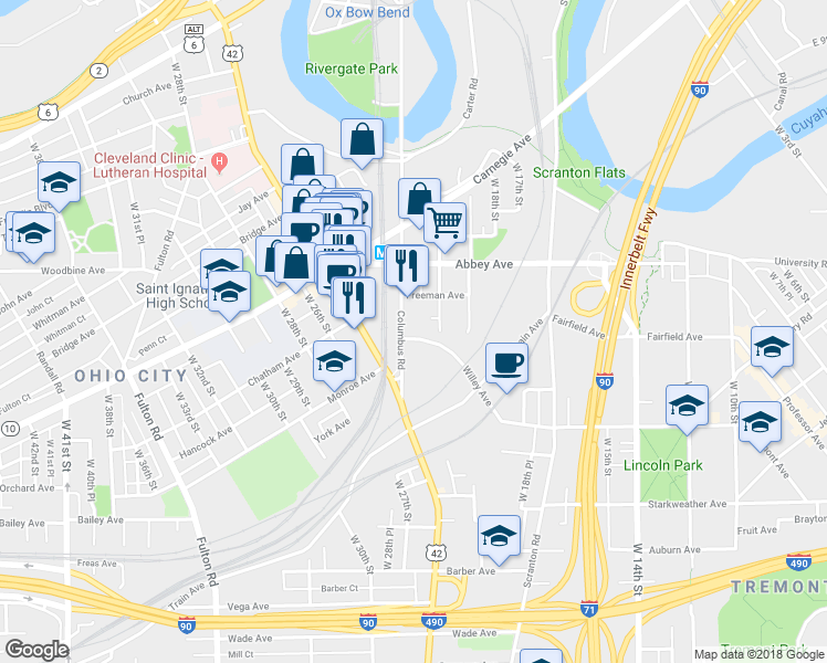 map of restaurants, bars, coffee shops, grocery stores, and more near 2201 Columbus Road in Cleveland