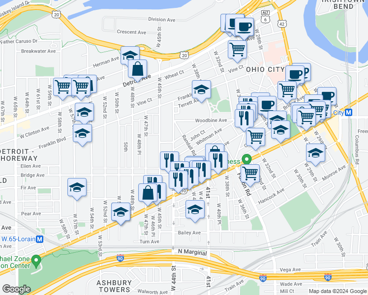 map of restaurants, bars, coffee shops, grocery stores, and more near 4120 Whitman Avenue in Cleveland
