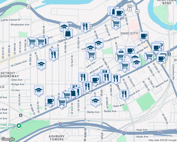 map of restaurants, bars, coffee shops, grocery stores, and more near 4120 Whitman Avenue in Cleveland