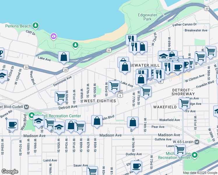 map of restaurants, bars, coffee shops, grocery stores, and more near 1343 West 83rd Street in Cleveland