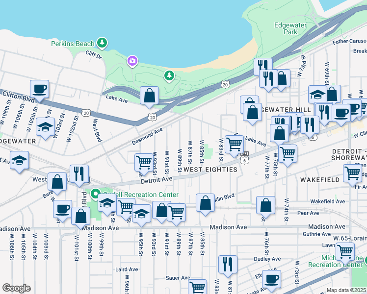 map of restaurants, bars, coffee shops, grocery stores, and more near 1318 West 89th Street in Cleveland